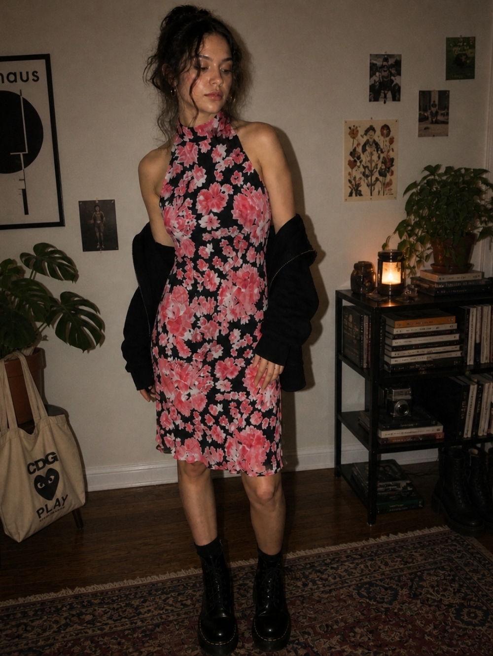 Vintage 90s Y2K Black Pink Floral Halter Dress Cherry Blossom Cage Size 12